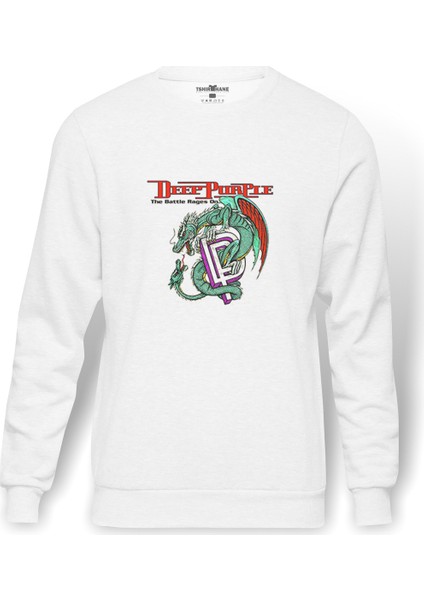 Deep Purple The Battle Rages On Baskılı Beyaz Erkek Örme Sweatshirt Uzun Kol