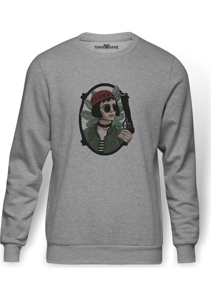 Leon & Mathilda The Professional Mirror Baskılı Gri Erkek Örme Sweatshirt Uzun Kol