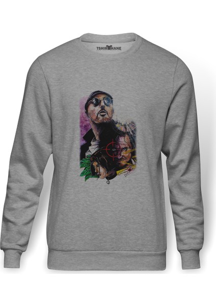 Leon & Mathilda The Professional Sevginin Baskılı Gri Erkek Örme Sweatshirt Uzun Kol