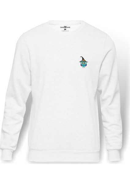 Deniz Mavisi Kuş Illüstrasyon Baykuş Karikatür Baskılı Beyaz Erkek Örme Sweatshirt Uzun Kol