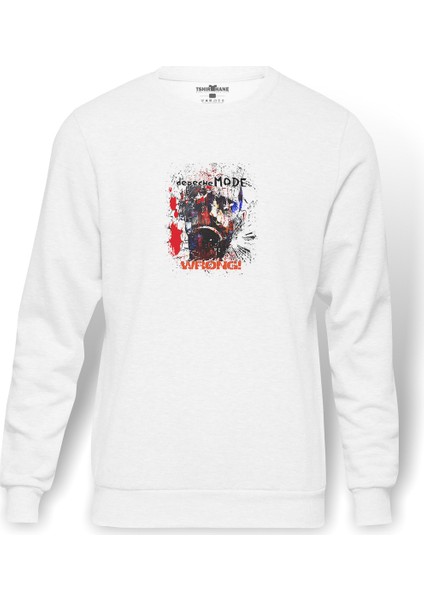 Depeche Mode Wrong Baskılı Beyaz Erkek Örme Sweatshirt Uzun Kol