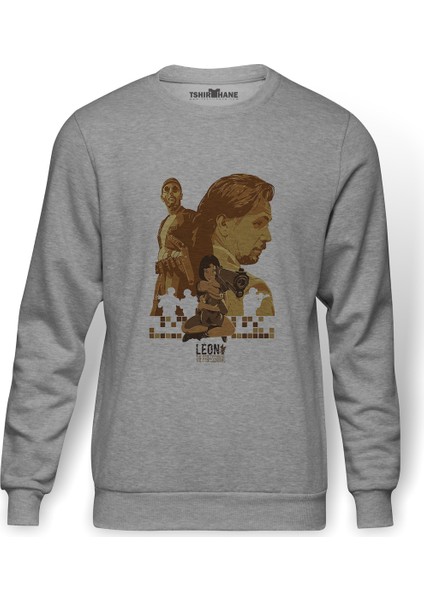 The Professional Leon Mathilda Sevginin Gücü Baskılı Gri Erkek Örme Sweatshirt Uzun Kol