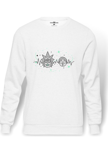 Dribbble Rickmorty Baskılı Beyaz Erkek Örme Sweatshirt Uzun Kol