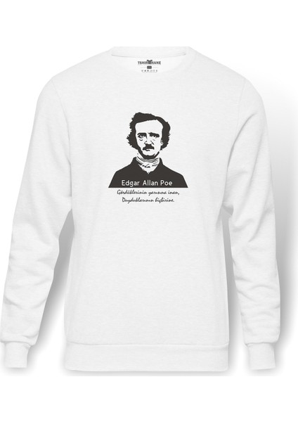 Edgar Allan Poe Baskılı Beyaz Erkek Örme Sweatshirt Uzun Kol