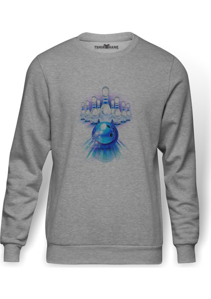 Bowling Topu Baskılı Gri Erkek Örme Sweatshirt Uzun Kol