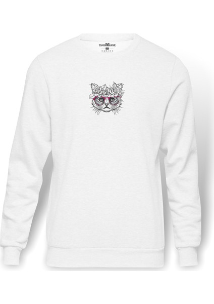 Ele Bir Çelenk Çiçek Giymiş Kedi Baskılı Beyaz Erkek Örme Sweatshirt Uzun Kol