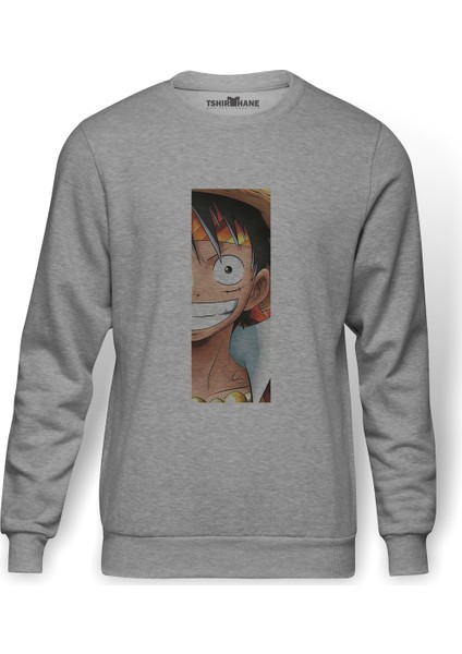 Anime One Piece Amiral Baskılı Gri Erkek Örme Sweatshirt Uzun Kol