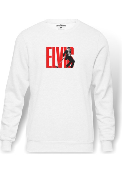 Elvis Presley The Legend Metal Rock Baskılı Beyaz Erkek Örme Sweatshirt Uzun Kol