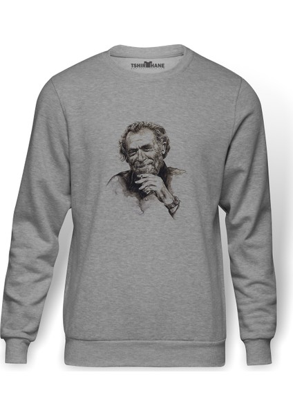 Bukowski Baskılı Gri Erkek Örme Sweatshirt Uzun Kol
