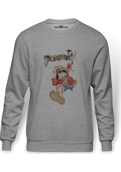 Anime One Piece Monkey Baskılı Gri Erkek Örme Sweatshirt Uzun Kol