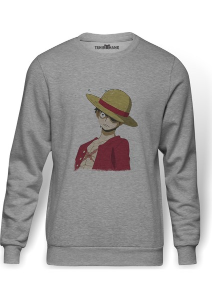 Anime One Piece Luffy Laugh Baskılı Gri Erkek Örme Sweatshirt Uzun Kol