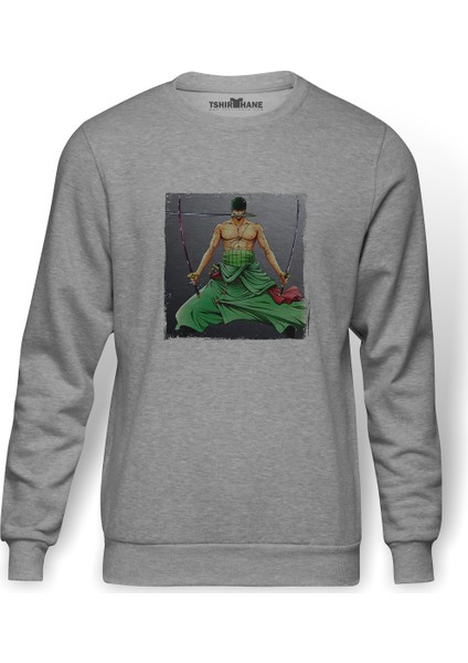 Anime One Piece Roronoa Zoro Baskılı Gri Erkek Örme Sweatshirt Uzun Kol