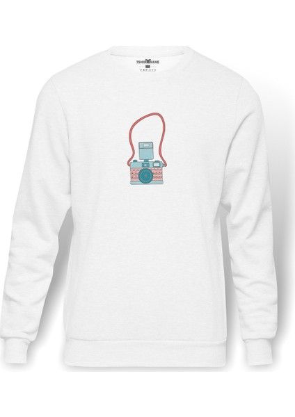 Etnik Renk Fotoğraf Makinesi Baskılı Beyaz Erkek Örme Sweatshirt Uzun Kol