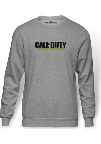 Call Of Duty İnfinite Warfare Logo Baskılı Gri Erkek Örme Sweatshirt Uzun Kol