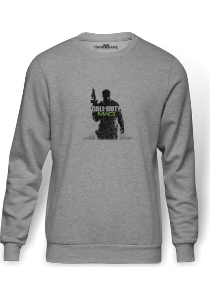 Call Of Duty Mw3 Baskılı Gri Erkek Örme Sweatshirt Uzun Kol