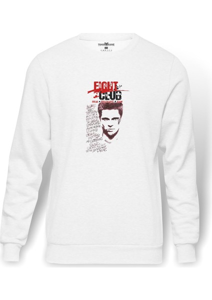 Fıght Club Real Belevant Raw Baskılı Beyaz Erkek Örme Sweatshirt Uzun Kol
