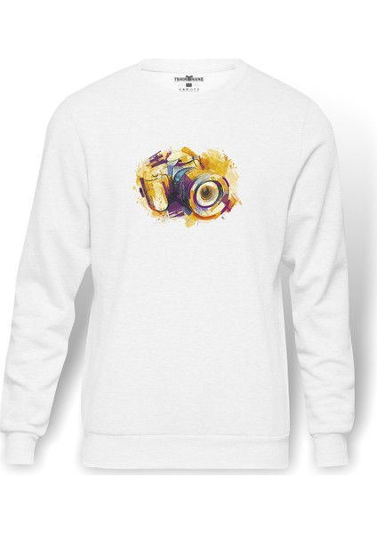 Film Camera Çizim Kamera Baskılı Beyaz Erkek Örme Sweatshirt Uzun Kol