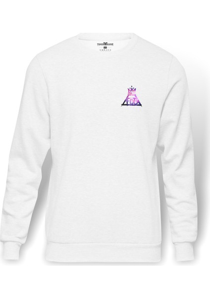 Fob Out Boy King Baskılı Beyaz Erkek Örme Sweatshirt Uzun Kol