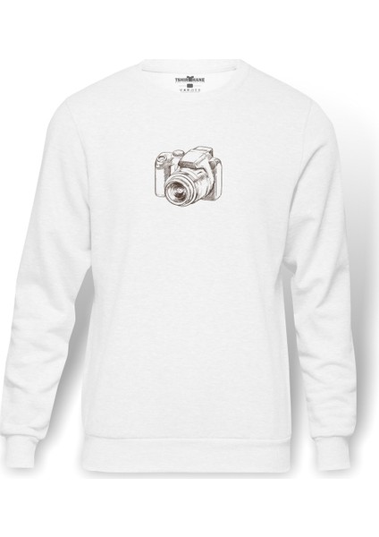 Foroğraf Makinesi Karakalem Baskılı Beyaz Erkek Örme Sweatshirt Uzun Kol