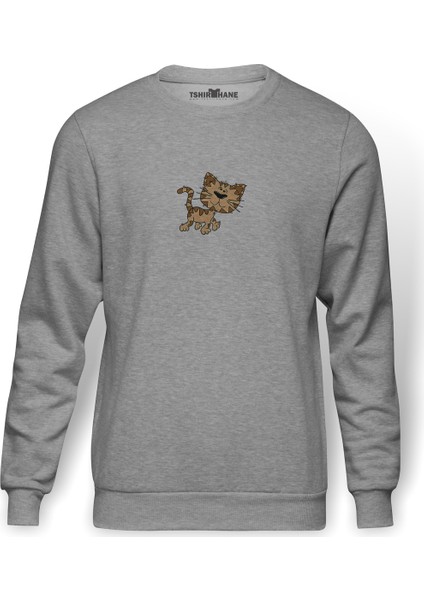 Cat Clipartcat Kitten Cartoon Baskılı Gri Erkek Örme Sweatshirt Uzun Kol