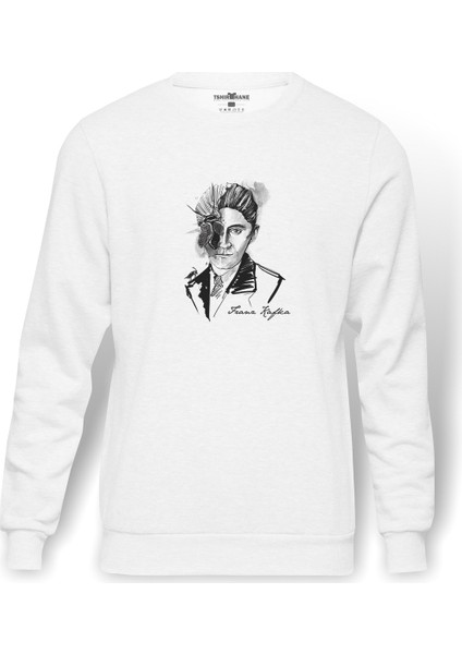 Franz Kafka Baskılı Beyaz Erkek Örme Sweatshirt Uzun Kol