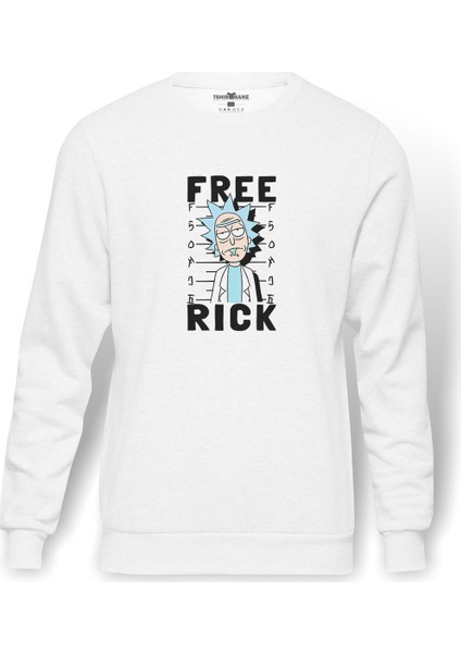 Free Rick Baskılı Beyaz Erkek Örme Sweatshirt Uzun Kol