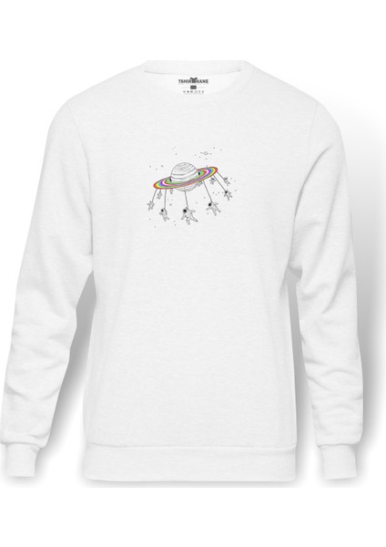 Freeuse Planetas Planet Planeta Rainbow Baskılı Beyaz Erkek Örme Sweatshirt Uzun Kol