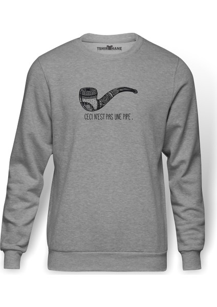 Ceci Ne Pas Une Pipe Baskılı Gri Erkek Örme Sweatshirt Uzun Kol
