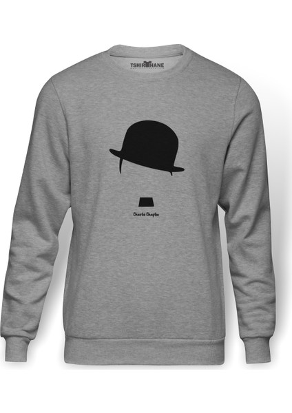 Chaplin Comic Charlıe Chaplın Baskılı Gri Erkek Örme Sweatshirt Uzun Kol
