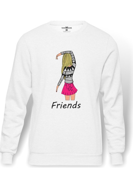 Friends Kalpli Kızlar Friends Baskılı Beyaz Erkek Örme Sweatshirt Uzun Kol
