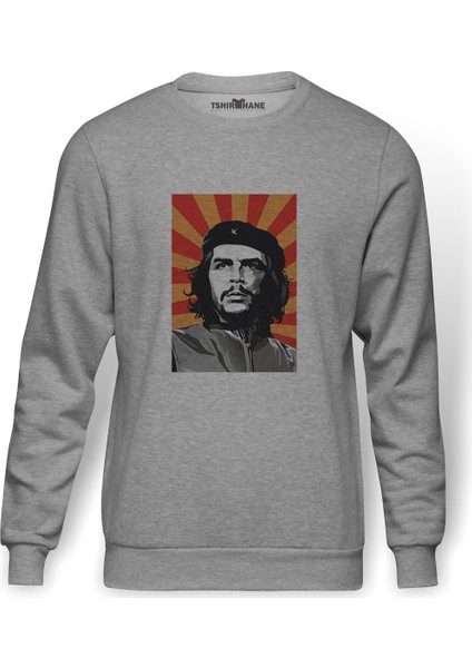 Che Guevara Red Yellow Baskılı Gri Erkek Örme Sweatshirt Uzun Kol