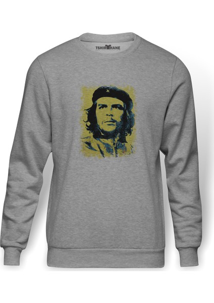 Che Guevara Revolutionary Ernesto Baskılı Gri Erkek Örme Sweatshirt Uzun Kol