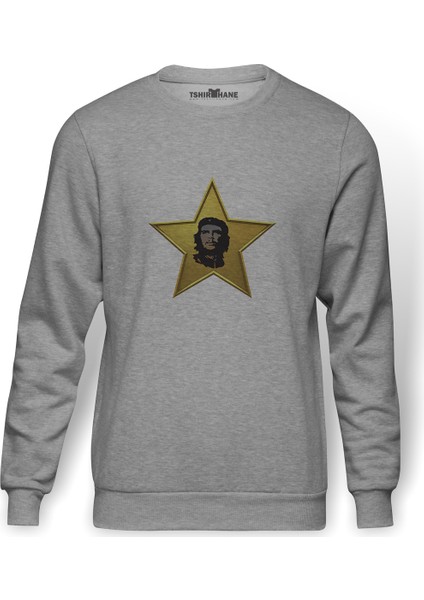 Che Guevara Yıldız Che Baskılı Gri Erkek Örme Sweatshirt Uzun Kol