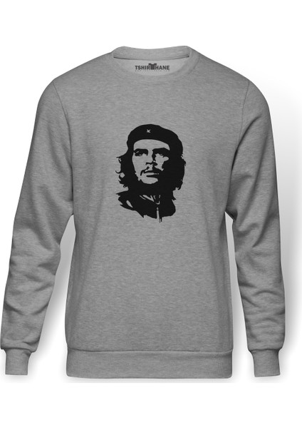 Che Guevara Baskılı Gri Erkek Örme Sweatshirt Uzun Kol