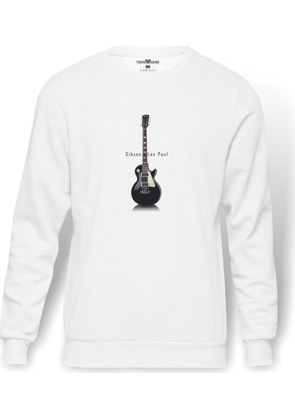 Gibson Les Paul Wallpaper Slash Metal Baskılı Beyaz Erkek Örme Sweatshirt Uzun Kol