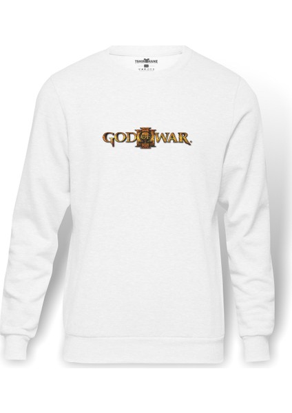 God Of War Logo Baskılı Beyaz Erkek Örme Sweatshirt Uzun Kol