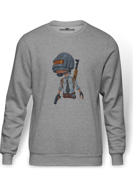 Pubg Pubg Baskılı Gri Erkek Örme Sweatshirt Uzun Kol