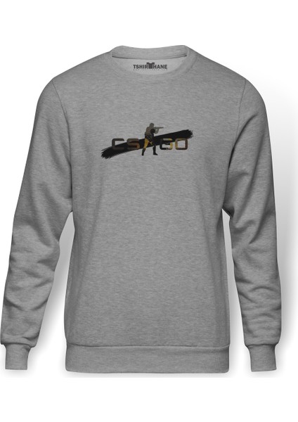 Cs Go Counter Strike Go Asker Baskılı Gri Erkek Örme Sweatshirt Uzun Kol