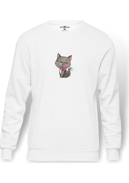 Gri Kedi Illüstrasyon Siyam Kedisi Kitten Baskılı Beyaz Erkek Örme Sweatshirt Uzun Kol