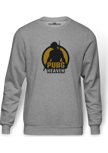 Pubg Heaven Baskılı Gri Erkek Örme Sweatshirt Uzun Kol