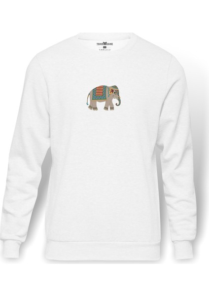 Gri Ve Renkli Fil Sanat Hintli Baskılı Beyaz Erkek Örme Sweatshirt Uzun Kol
