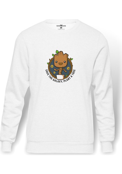 Groot Pattern Galaxy Plant Baskılı Beyaz Erkek Örme Sweatshirt Uzun Kol