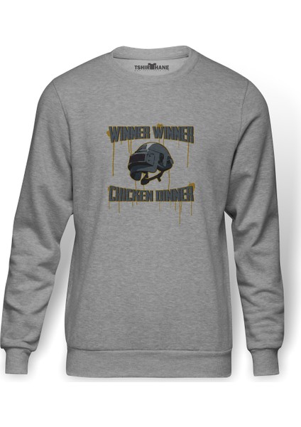 Pubg Winner 3 Lvl Kask Baskılı Gri Erkek Örme Sweatshirt Uzun Kol