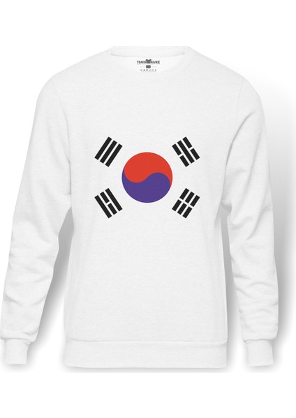 Güney Kore South Korea Baskılı Beyaz Erkek Örme Sweatshirt Uzun Kol