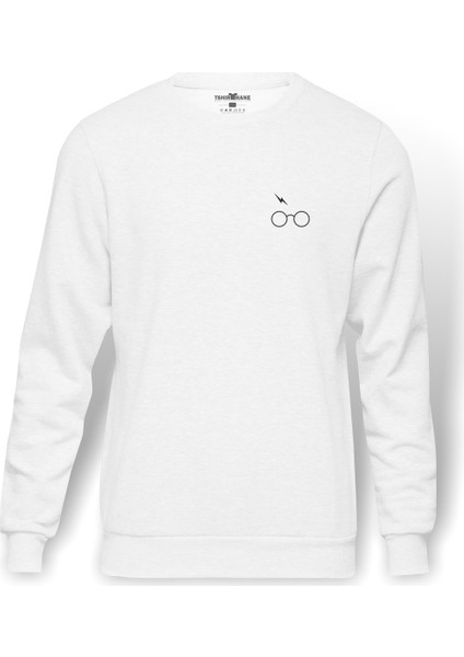 H P Gözlük Şimşek Baskılı Beyaz Erkek Örme Sweatshirt Uzun Kol