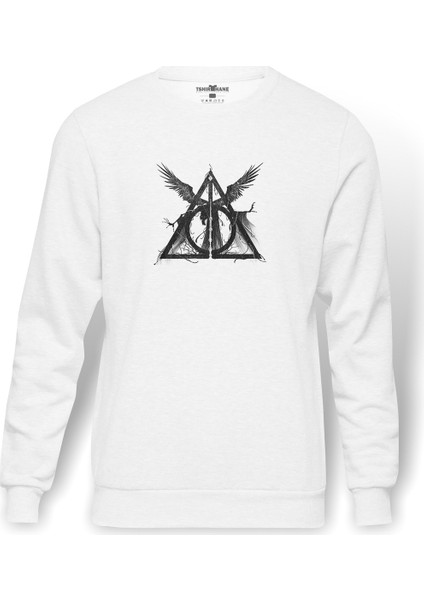 H P The Deathly Baskılı Beyaz Erkek Örme Sweatshirt Uzun Kol