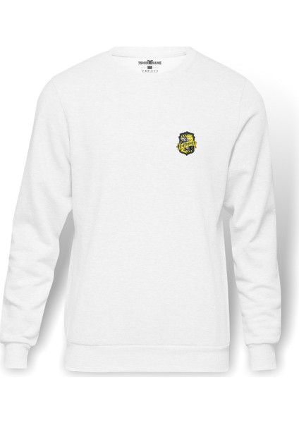 Hufflepuff H P Baskılı Beyaz Erkek Örme Sweatshirt Uzun Kol