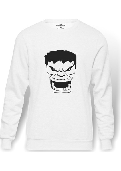 Hulk Öfkeli Baskılı Beyaz Erkek Örme Sweatshirt Uzun Kol