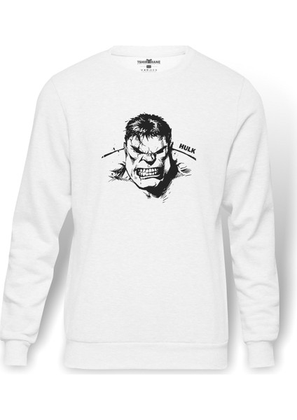 Hulk Sinirli Baskılı Beyaz Erkek Örme Sweatshirt Uzun Kol
