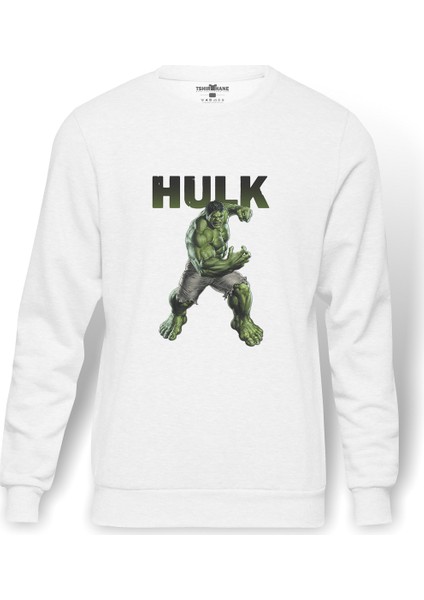 Hulk Baskılı Beyaz Erkek Örme Sweatshirt Uzun Kol